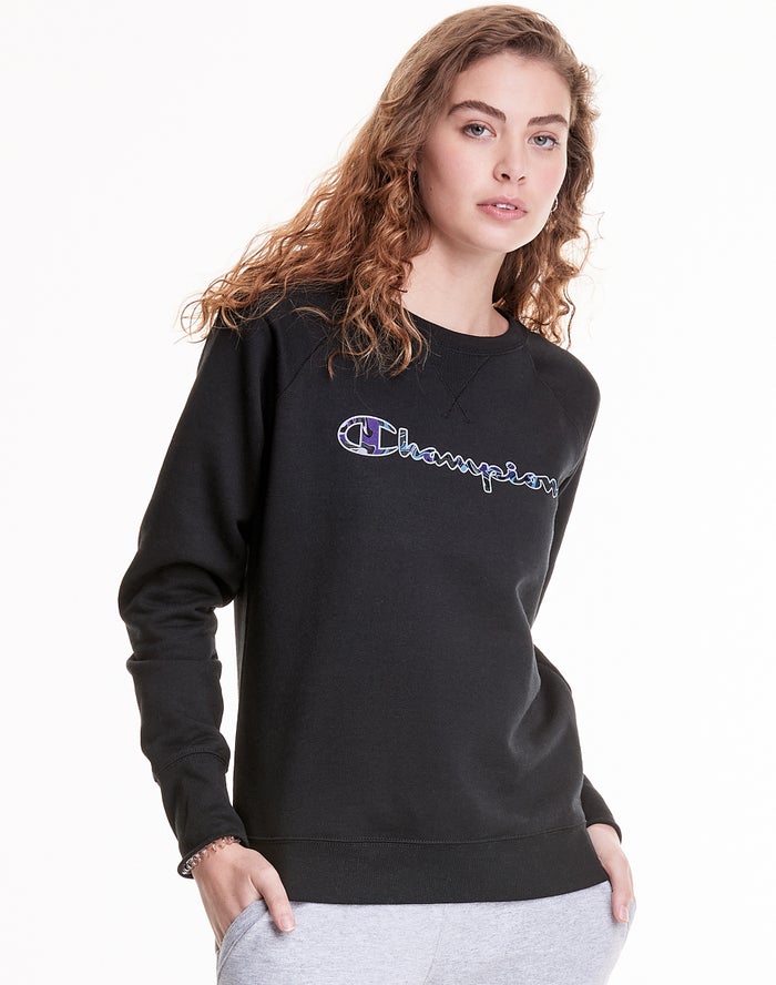 Champion Womens T-Shirt NZ - Powerblend Fleece Crew Liquid Filled C Black ( 9128-FOKBS )